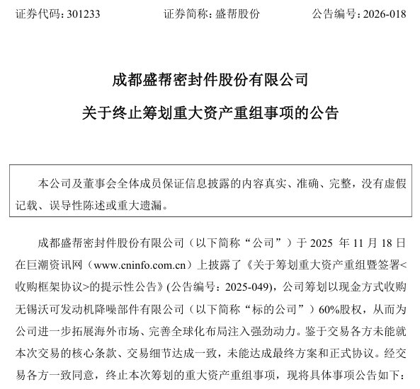 盛帮股份最新公告,重大资产重组终止